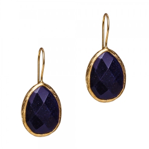 Gold single drop earring with single blue goldstone stone