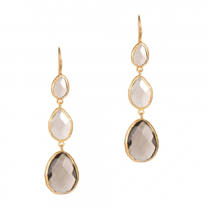 Stunning three drop smokey quartz earring with gold surround.
