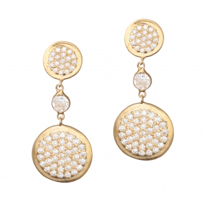 Gold drop earring with two pave circles