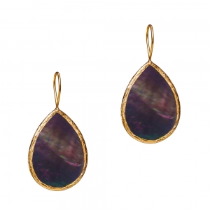 Gold single drop earring with single flat labradorite stone