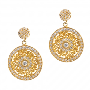 Gold earring with small scroll circle with cubic zirconia centre and outer rim